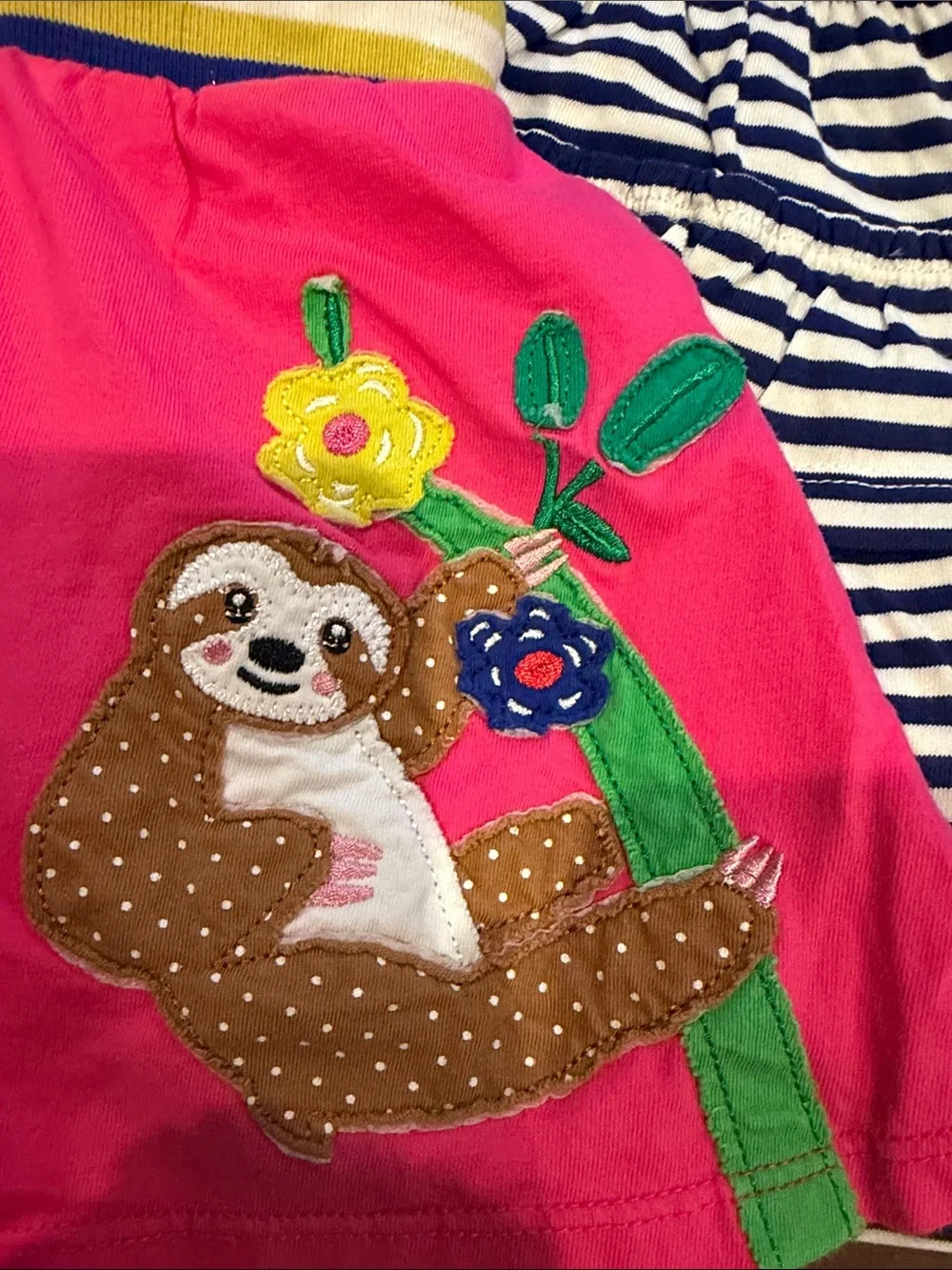 Mini Boden Girls' Bright Pink Sloth Appliqué Skirt + Navy Striped Skirt (2)